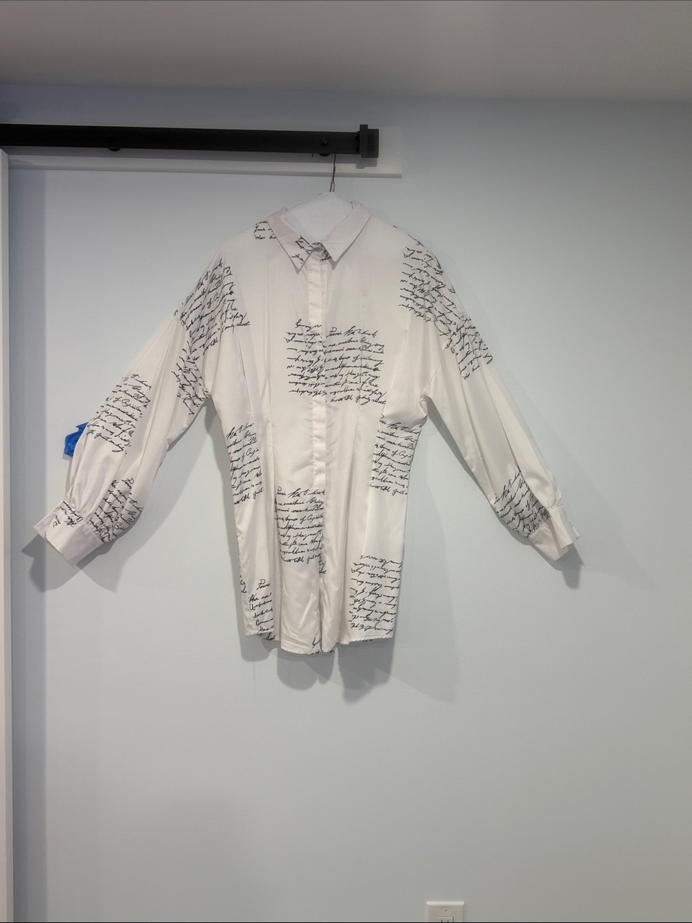 Script-Print White Button-Down Shirt